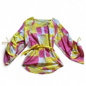 Y2K Bell Sleeve Blouse Women's Size Small Joseph A Pink Yellow Tie Dye Cotton